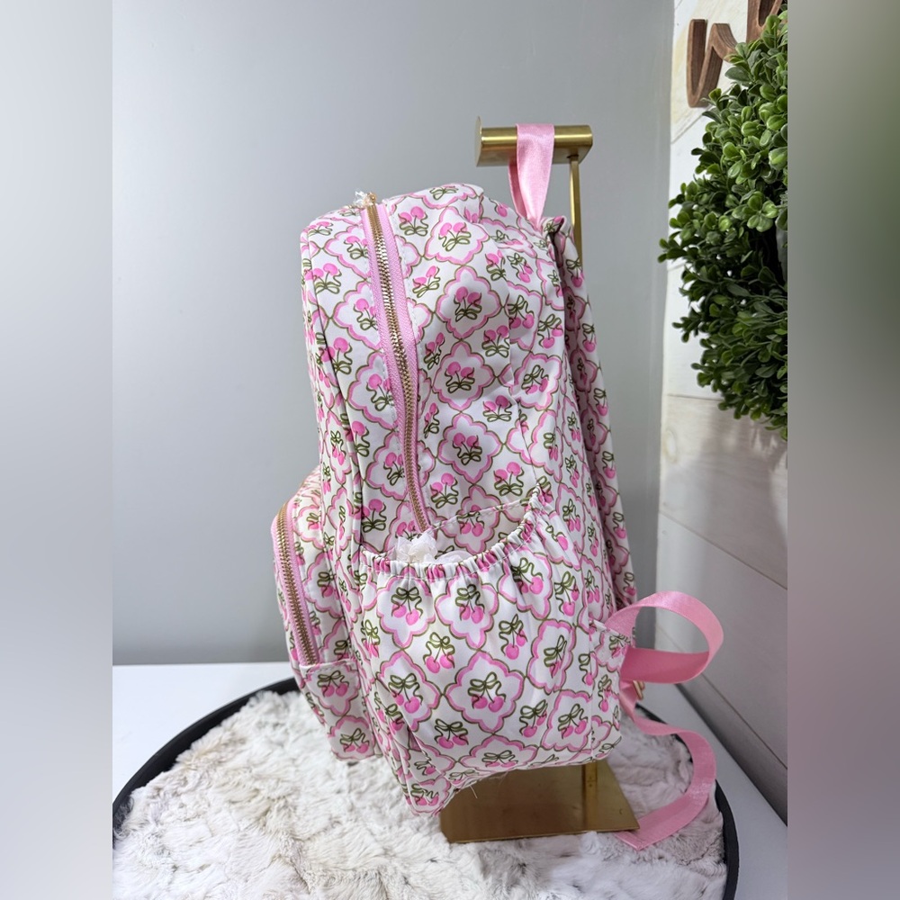 Kawaii Cherry Bow Diamond Pattern Backpack White‎ Pink Red 15”x12”x5” NWT - Picture 4 of 8